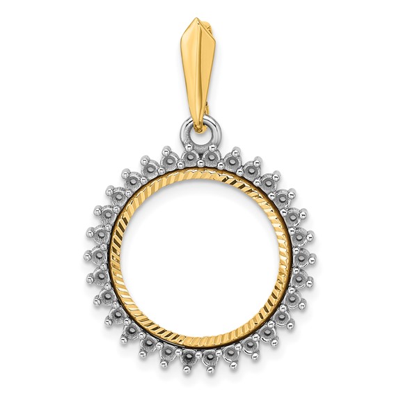 Wideband Distinguished Coin Jewelry 14k Two-tone Polished and Diamond-cut Diamond Circle 16.0mm Prong Coin Bezel Pendant Mounting