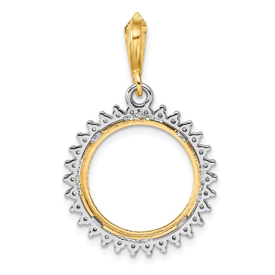 Wideband Distinguished Coin Jewelry 14k Two-tone Polished and Diamond-cut AAA Diamond Circle 16.0mm Prong Coin Bezel Pendant