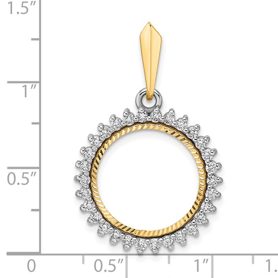 Wideband Distinguished Coin Jewelry 14k Two-tone Polished and Diamond-cut AAA Diamond Circle 16.0mm Prong Coin Bezel Pendant