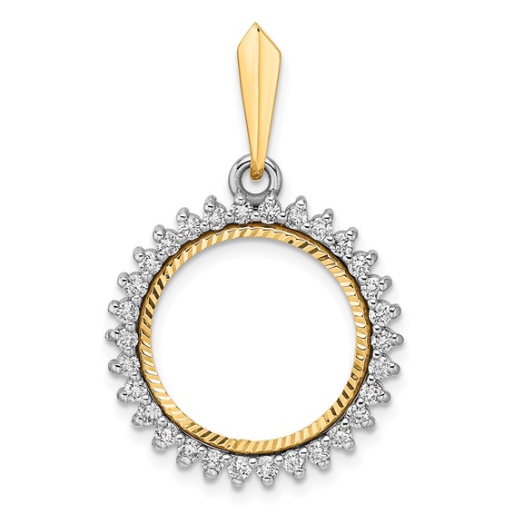 Wideband Distinguished Coin Jewelry 14k Two-tone Polished and Diamond-cut AAA Diamond Circle 16.0mm Prong Coin Bezel Pendant