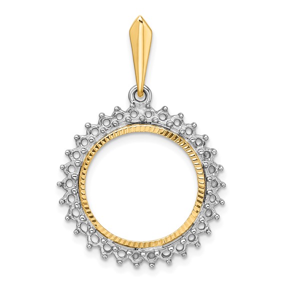 Wideband Distinguished Coin Jewelry 14k Two-tone Polished and Diamond-cut Diamond Circle 16.5mm Prong Coin Bezel Pendant Mounting