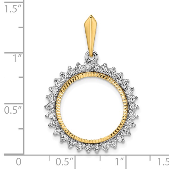 Wideband Distinguished Coin Jewelry 14k Two-tone Polished and Diamond-cut VS Diamond Circle 16.5mm Prong Coin Bezel Pendant