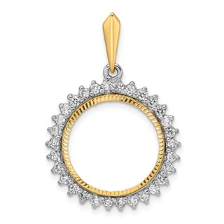 Wideband Distinguished Coin Jewelry 14k Two-tone Polished and Diamond-cut VS Diamond Circle 16.5mm Prong Coin Bezel Pendant