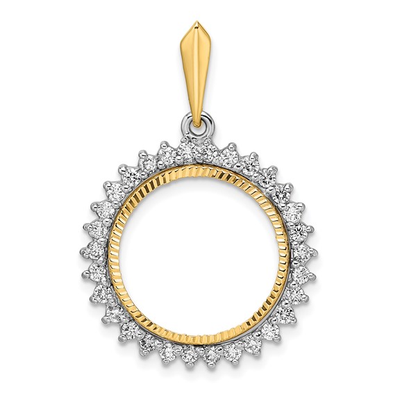 Wideband Distinguished Coin Jewelry 14k Two-tone Polished and Diamond-cut VS Diamond Circle 16.5mm Prong Coin Bezel Pendant