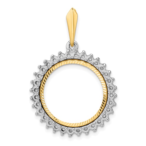 Wideband Distinguished Coin Jewelry 14k Two-tone Polished and Diamond-cut Diamond Circle 17.8mm Prong Coin Bezel Pendant Mounting