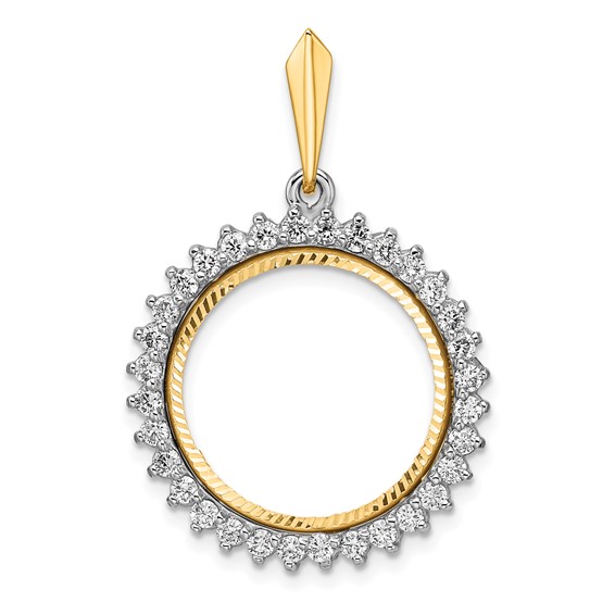 Wideband Distinguished Coin Jewelry 14k Two-tone Polished and Diamond-cut VS Diamond Circle 17.8mm Prong Coin Bezel Pendant