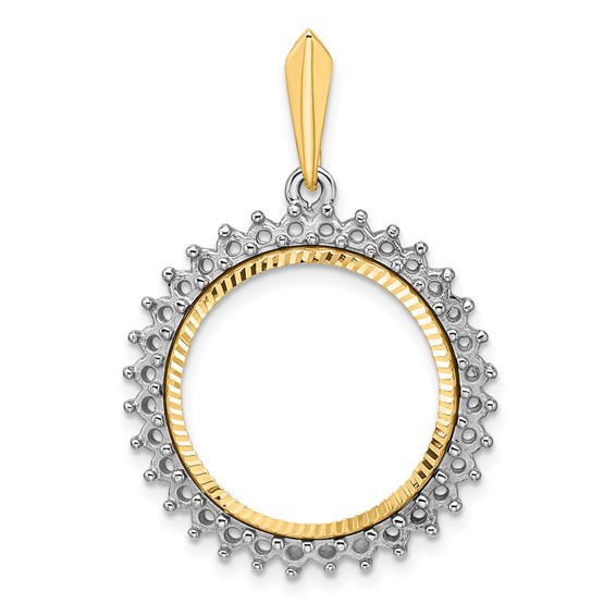 Wideband Distinguished Coin Jewelry 14k Two-tone Polished and Diamond-cut Diamond Circle 18.0mm Prong Coin Bezel Pendant Mounting