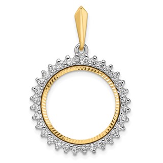 Wideband Distinguished Coin Jewelry 14k Two-tone Polished and Diamond-cut AAA Diamond Circle 18.0mm Prong Coin Bezel Pendant