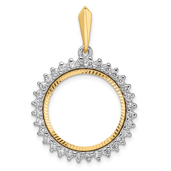 Wideband Distinguished Coin Jewelry 14k Two-tone Polished and Diamond-cut AAA Diamond Circle 18.0mm Prong Coin Bezel Pendant