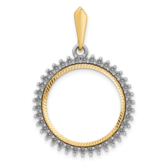Wideband Distinguished Coin Jewelry 14k Two-tone Polished and Diamond-cut Diamond Circle 20.1mm Prong Coin Bezel Pendant Mounting