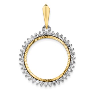 Wideband Distinguished Coin Jewelry 14k Two-tone Polished and Diamond-cut AA Diamond Circle 20.1mm Prong Coin Bezel Pendant