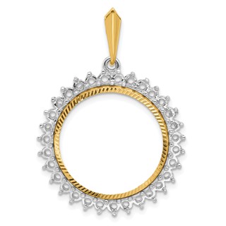 Wideband Distinguished Coin Jewelry 14k Two-tone Polished and Diamond-cut Diamond Circle 21.6mm Prong Coin Bezel Pendant Mounting