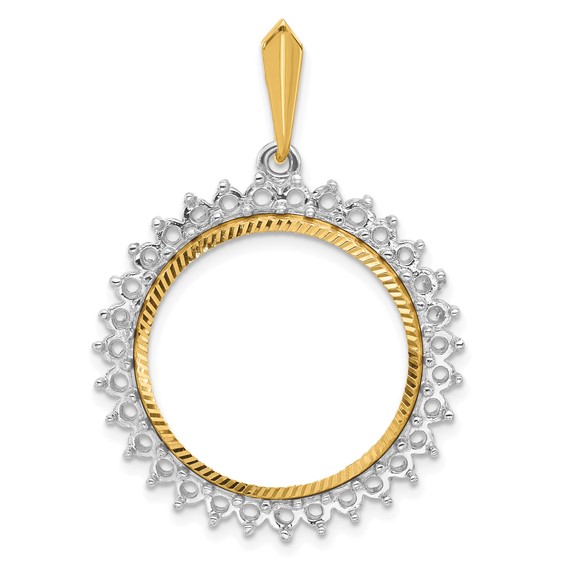 Wideband Distinguished Coin Jewelry 14k Two-tone Polished and Diamond-cut Diamond Circle 21.6mm Prong Coin Bezel Pendant Mounting