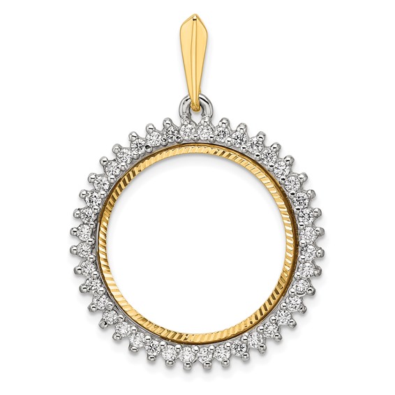 Wideband Distinguished Coin Jewelry 14k Two-tone Polished and Diamond-cut VS Diamond Circle 21.6mm Prong Coin Bezel Pendant
