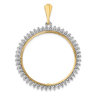 Wideband Distinguished Coin Jewelry 14k Two-tone Polished and Diamond-cut Diamond Circle 32.7mm Prong Coin Bezel Pendant Mounting