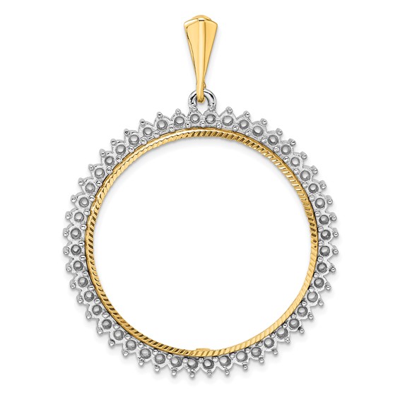 Wideband Distinguished Coin Jewelry 14k Two-tone Polished and Diamond-cut Diamond Circle 32.7mm Prong Coin Bezel Pendant Mounting