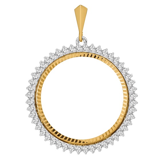 Wideband Distinguished Coin Jewelry 14k Two-tone Polished and Diamond-cut AA Diamond Circle 32.7mm Prong Coin Bezel Pendant