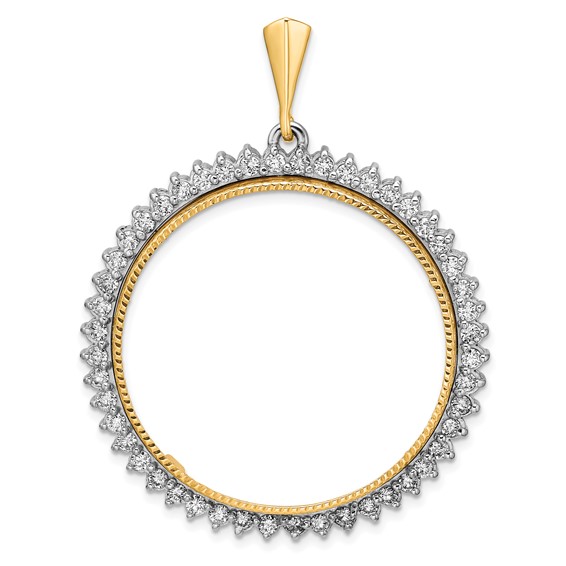 Wideband Distinguished Coin Jewelry 14k Two-tone Polished and Diamond-cut AA Diamond Circle 34.2mm Prong Coin Bezel Pendant