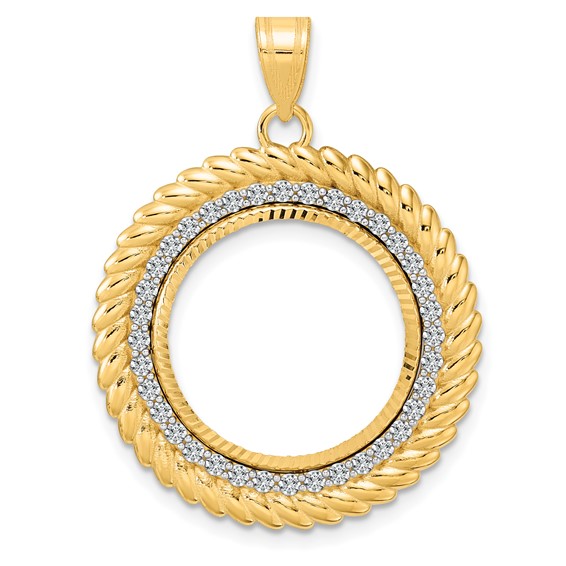 14k Diamond Cut Diamond Coil with 18.0mm Prong Coin Bezel Pendant Mounting