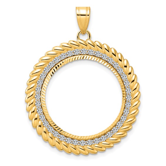 14k Diamond Cut Diamond Coil with 22.0mm Prong Coin Bezel Pendant Mounting