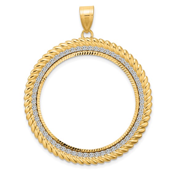 14k Diamond Cut Diamond Coil with 32.0mm Prong Coin Bezel Pendant Mounting