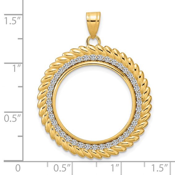 14k Polished Diamond Coil with 22.0mm Prong Coin Bezel Pendant Mounting