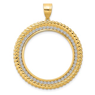 14k Polished Diamond Coil with 27.0mm Prong Coin Bezel Pendant Mounting