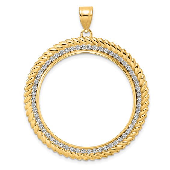 14k Polished Diamond Coil with 32.7mm Prong Coin Bezel Pendant Mounting