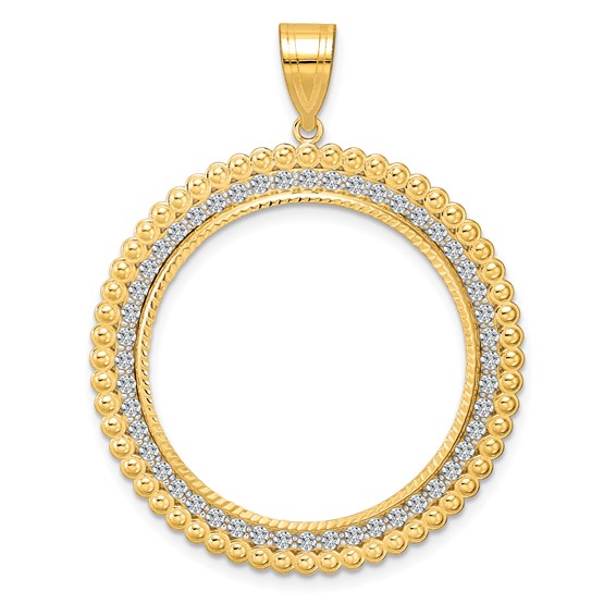 14k Diamond Cut Diamond Bead with 27.0mm Prong Coin Bezel Pendant Mounting