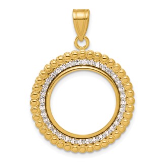 14k Polished Diamond Bead with 16.5mm Prong Coin Bezel Pendant Mounting