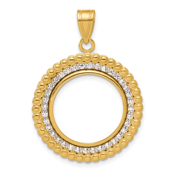 14k Polished Diamond Bead with 16.5mm Prong Coin Bezel Pendant Mounting