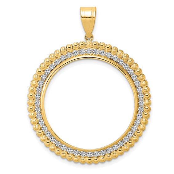 14k Polished Diamond Bead with 27.0mm Prong Coin Bezel Pendant Mounting