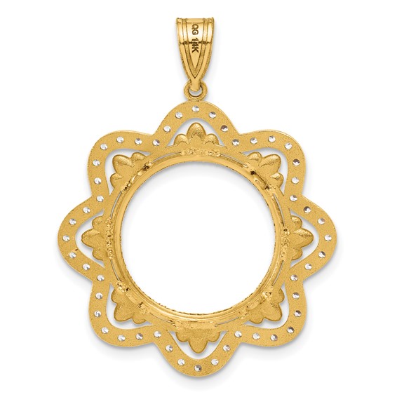 14k Diamond Cut Diamond Wave with 16.5mm Prong Coin Bezel Pendant Mounting