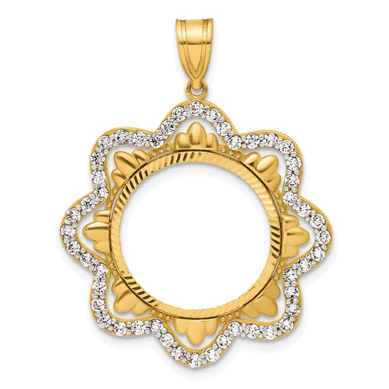 14k Diamond Cut Diamond Wave with 16.5mm Prong Coin Bezel Pendant Mounting