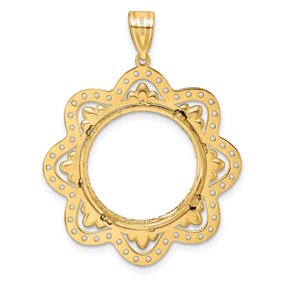 14k Diamond Cut Diamond Wave with 18.0mm Prong Coin Bezel Pendant Mounting