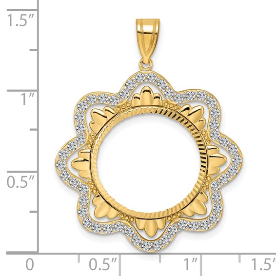 14k Diamond Cut Diamond Wave with 18.0mm Prong Coin Bezel Pendant Mounting