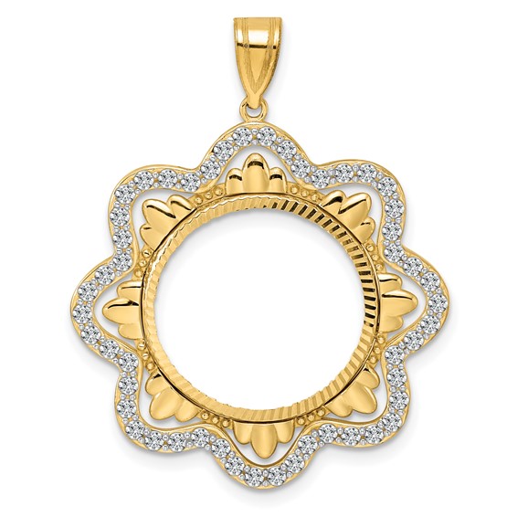 14k Diamond Cut Diamond Wave with 18.0mm Prong Coin Bezel Pendant Mounting