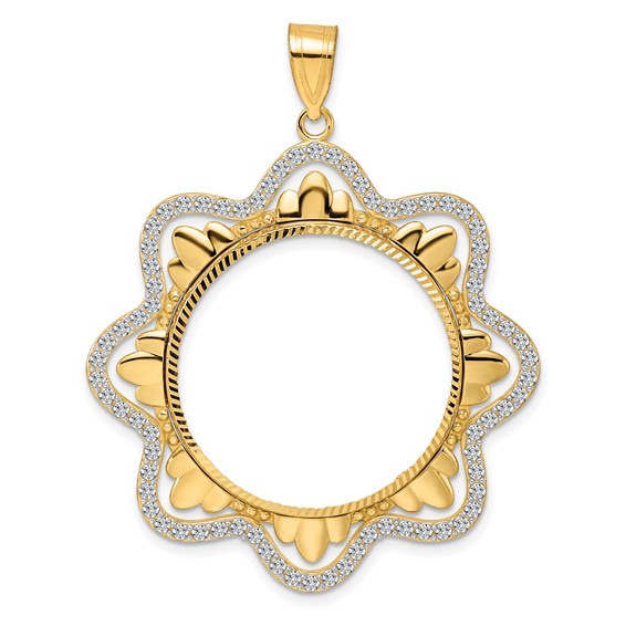 14k Diamond Cut Diamond Wave with 27.0mm Prong Coin Bezel Pendant Mounting