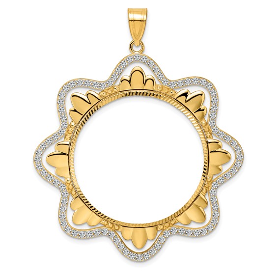 14k Diamond Cut Diamond Wave with 32.0mm Prong Coin Bezel Pendant Mounting