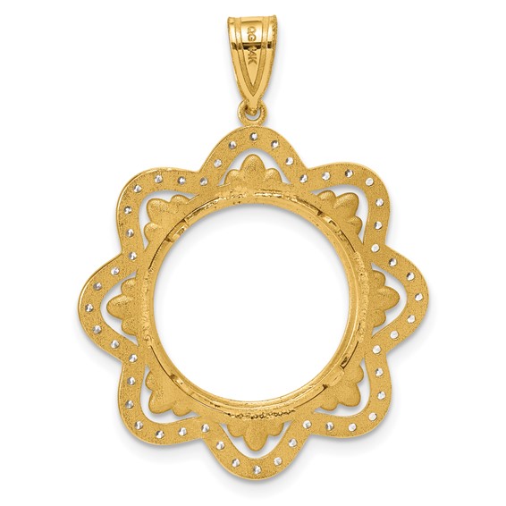 14k Polished Diamond Wave with 16.5mm Prong Coin Bezel Pendant Mounting