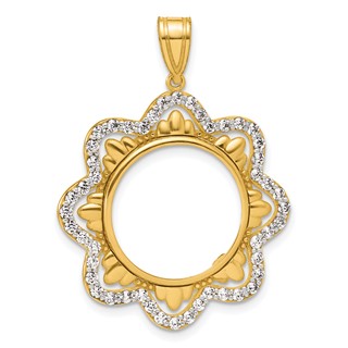 14k Polished Diamond Wave with 16.5mm Prong Coin Bezel Pendant Mounting