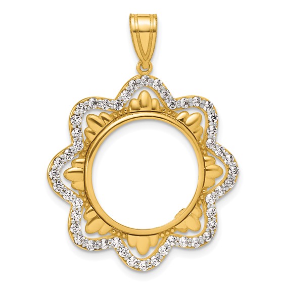 14k Polished Diamond Wave with 16.5mm Prong Coin Bezel Pendant Mounting