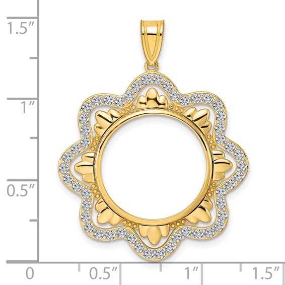 14k Polished Diamond Wave with 18.0mm Prong Coin Bezel Pendant Mounting