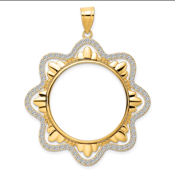 14k Polished Diamond Wave with 27.0mm Prong Coin Bezel Pendant Mounting