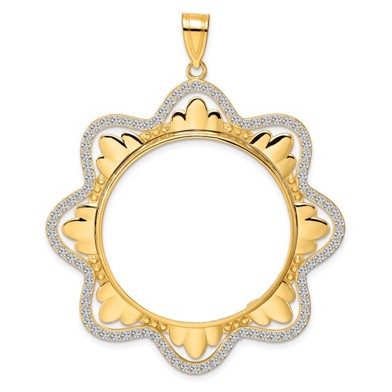 14k Polished Diamond Wave with 32.0mm Prong Coin Bezel Pendant Mounting