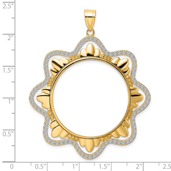 14k Polished Diamond Wave with 32.7mm Prong Coin Bezel Pendant Mounting