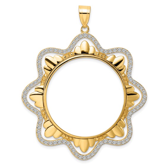 14k Polished Diamond Wave with 32.7mm Prong Coin Bezel Pendant Mounting