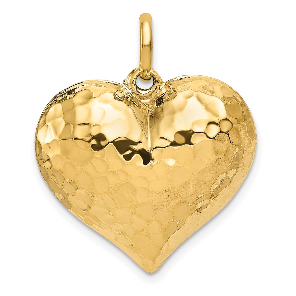 14K Yellow Gold Polished and Hammered 3-D Puffed Heart Pendant