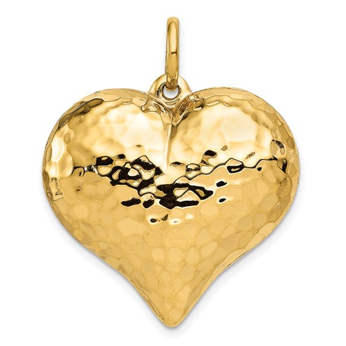 14K Yellow Gold Polished and Hammered 3-D Puffed Heart Pendant