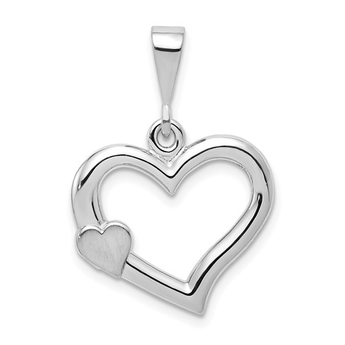14K White Gold Solid Satin and Polished Fancy 3-D Heart Pendant